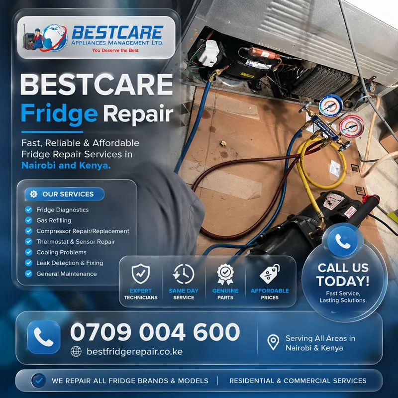 Bestcare Fridge Repair Nairobi — certified technician repairing a Samsung refrigerator in a Nairobi home